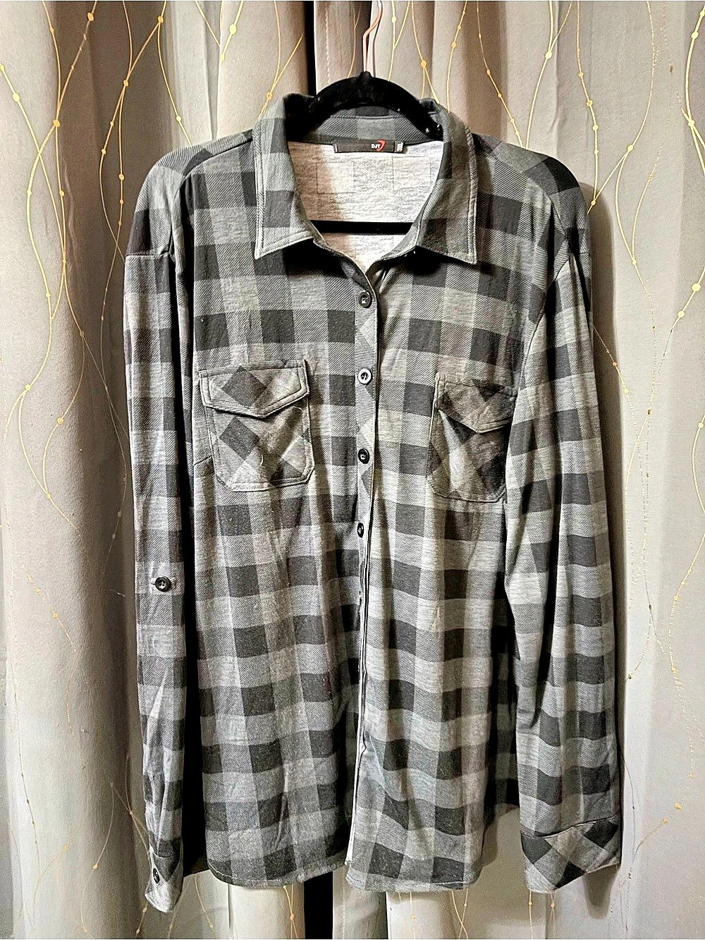 DJT Women's Soft Stretchy Knit Plaid Roll Up Long Sleeve Button Down Shirt Plaid